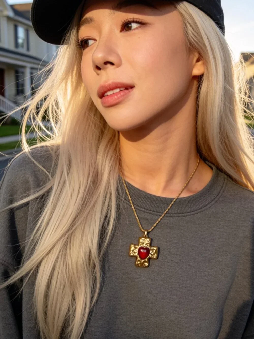 Gold Cross Heart Pendant Stainless Steel Vintage Style Necklace - Picture 8 of 12